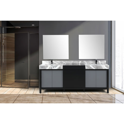 Lexora Zilara 84" - Black and Grey Double Vanity (Options: Castle Grey Marble Tops, White Square Sinks, Cascata Nera Matte Black Faucet Set, and 34" Frameless Mirrors) - Lexora - Ambient Home