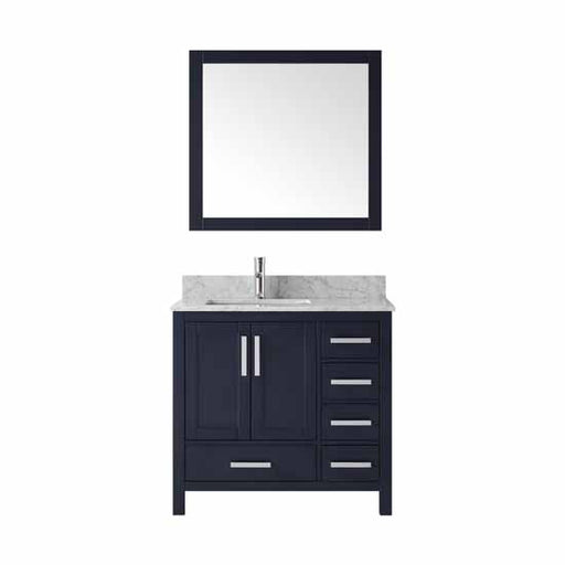 Lexora Jacques 36" - Navy Blue Single Bathroom Vanity (Options: White Carrara Marble Top, White Square Sink and 34" Mirror w/ Faucet - Left Version) - Lexora - Ambient Home