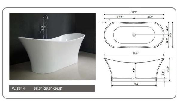 Legion Furniture WJ8614-W 68.9 Inch White Matt Solid Surface Tub, No Faucet - Legion Furniture Tubs - Ambient Home