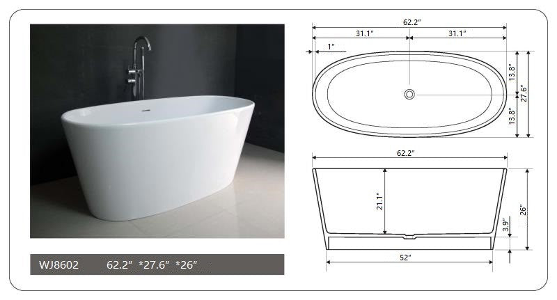 Legion Furniture WJ8602-W 62.2 Inch White Matte Solid Surface Tub, No Faucet - Legion Furniture Tubs - Ambient Home