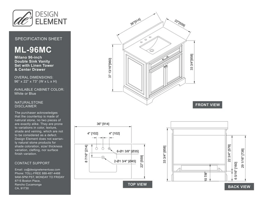 Design Element Milano 96" Double Sink Bathroom White Vanity Modular Set - Design Element - Ambient Home