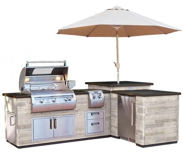 Fire Magic Grills IL660-SPK-116BA-3594-DL 116 Inch L-Shape Reclaimed Wood Island System, Silver Pine, Kegerator with Left Hinge - Fire Magic - Ambient Home