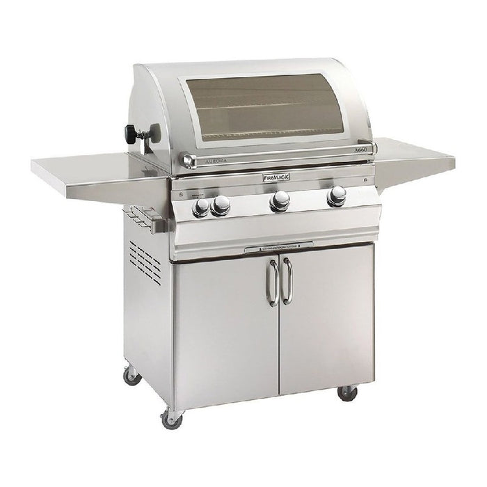Fire Magic Grills Aurora 62 1/4 Inch Free-Standing Grill with Single Side Burner, Rotisserie, Analog Thermometer and View Window, Natural Gas / Propane Gas Cast Stainless Steel "E"-  A660S-8EAN-62-W/  A660S-8EAP-62-W - Fire Magic - Ambient Home