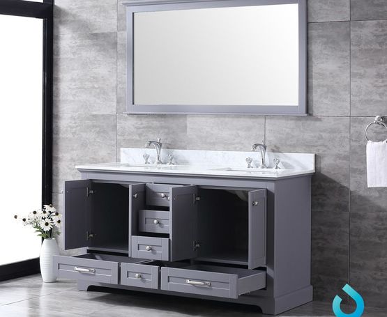 Lexora Dukes 60" - Dark Grey Double Bathroom Vanity (Options: White Carrara Marble / Quartz Top, White Square Sinks and 58" Mirror w/ Faucets) - Lexora - Ambient Home