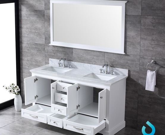 Lexora Dukes 60" - White Double Bathroom Vanity (Options: White Carrara Marble / Quartz Top, White Square Sinks and 58" Mirror w/ Faucets) - Lexora - Ambient Home