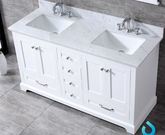 Lexora Dukes 60" - White Double Bathroom Vanity (Options: White Carrara Marble / Quartz Top, White Square Sinks and 58" Mirror w/ Faucets) - Lexora - Ambient Home