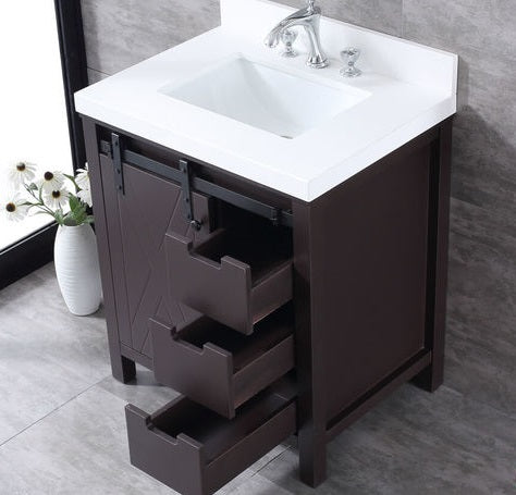 Marsyas 30" Brown Single Bathroom Vanity (Options: White Quartz Top, White Square Sink and 28" Mirror w/ Faucet) - Lexora - Ambient Home