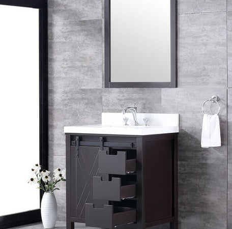 Marsyas 30" Brown Single Bathroom Vanity (Options: White Quartz Top, White Square Sink and 28" Mirror w/ Faucet) - Lexora - Ambient Home