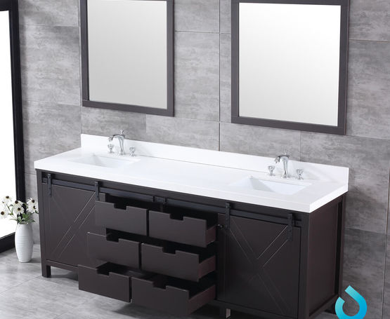 Lexora Marsyas 84" - Brown Double Bathroom Vanity (Options: White Quartz Top, White Square Sinks and 34" Mirrors w/ Faucets) - Lexora - Ambient Home