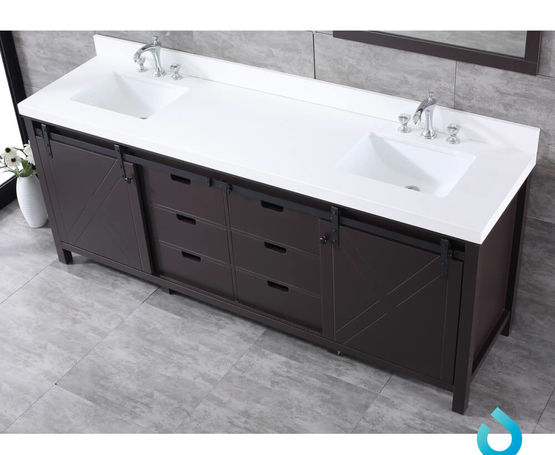 Lexora Marsyas 84" - Brown Double Bathroom Vanity (Options: White Quartz Top, White Square Sinks and 34" Mirrors w/ Faucets) - Lexora - Ambient Home