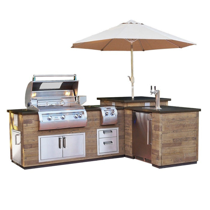 Fire Magic Grills IL660-FOK-116BA-3594-DR 116 Inch L-Shape Reclaimed Wood Island System, French Barrel Oak, Kegerator with Right Hinge - Fire Magic - Ambient Home