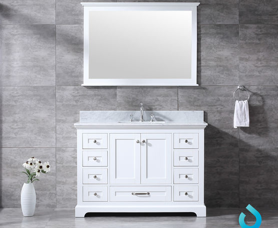 Lexora Dukes 48" - White Single Bathroom Vanity (Options: White Carrara Marble / Quartz Top, White Square Sink and 46" Mirror w/ Faucet) - Lexora - Ambient Home