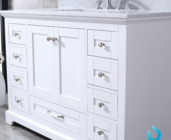 Lexora Dukes 48" - White Single Bathroom Vanity (Options: White Carrara Marble / Quartz Top, White Square Sink and 46" Mirror w/ Faucet) - Lexora - Ambient Home