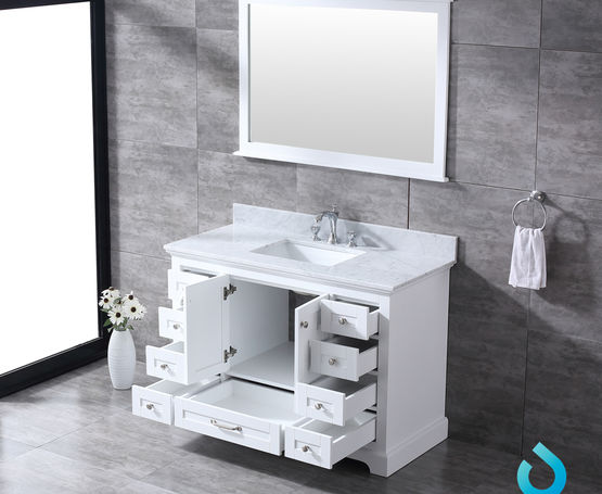 Lexora Dukes 48" - White Single Bathroom Vanity (Options: White Carrara Marble / Quartz Top, White Square Sink and 46" Mirror w/ Faucet) - Lexora - Ambient Home