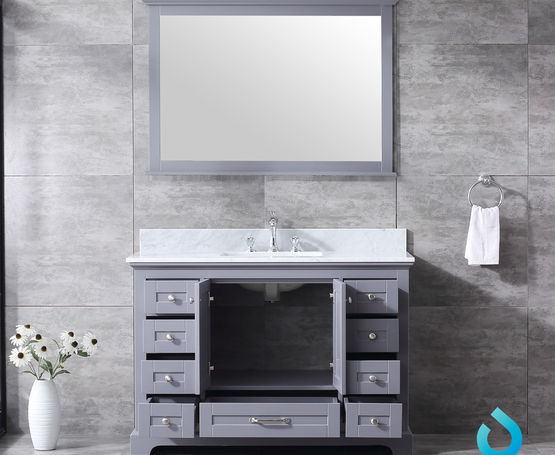 Lexora Dukes 48" - Dark Grey Single Bathroom Vanity (Options: White Carrara Marble / Quartz Top, White Square Sink and 46" Mirror w/ Faucet) - Lexora - Ambient Home