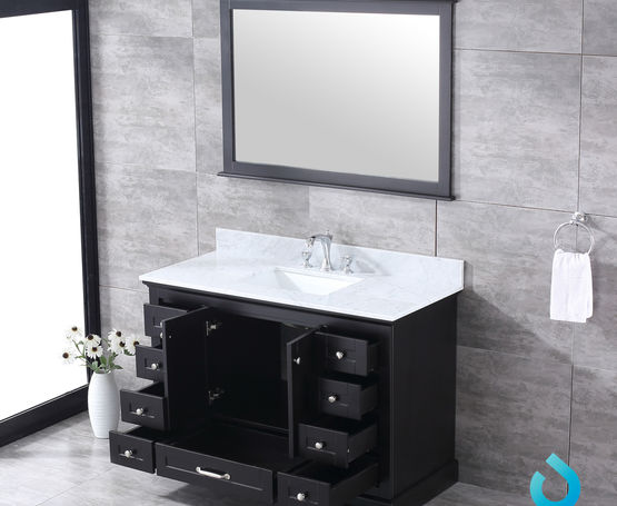 Lexora Dukes 48" - Espresso Single Bathroom Vanity (Options: White Carrara Marble / Quartz Top, White Square Sink and 46" Mirror w/ Faucet) - Lexora - Ambient Home