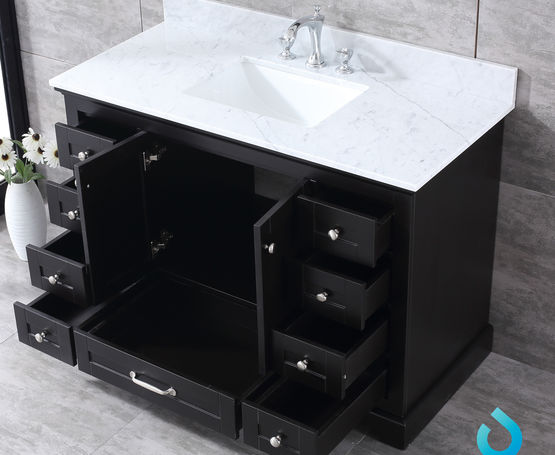 Lexora Dukes 48" - Espresso Single Bathroom Vanity (Options: White Carrara Marble / Quartz Top, White Square Sink and 46" Mirror w/ Faucet) - Lexora - Ambient Home