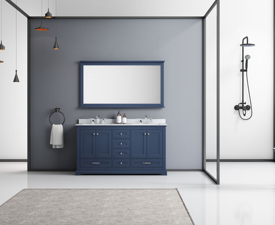 Lexora Dukes 60" - Navy Blue Double Bathroom Vanity (Options: White Carrara Marble / Quartz Top, White Square Sinks and 58" Mirror w/ Faucets) - Lexora - Ambient Home