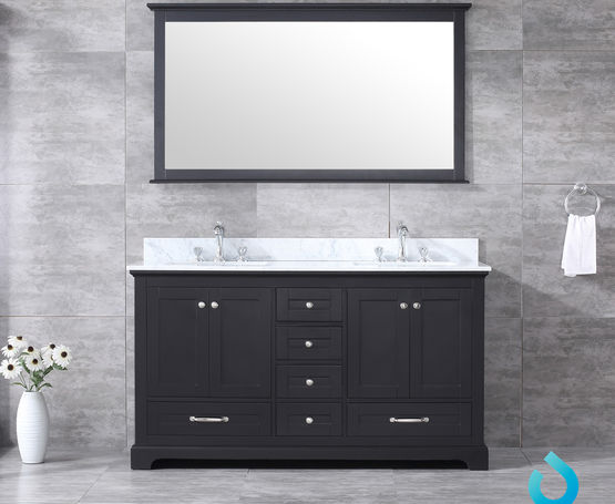 Lexora Dukes 60" - Espresso Double Bathroom Vanity (Options: White Carrara Marble / Quartz Top, White Square Sinks and 58" Mirror w/ Faucets) - Lexora - Ambient Home