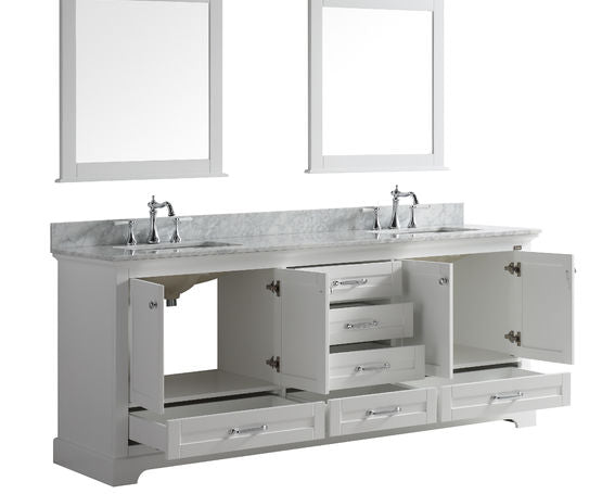 Lexora Dukes 80" - White Double Bathroom Vanity (Options: White Carrara Marble / Quartz Top, White Square Sinks and 30" Mirrors w/ Faucets) - Lexora - Ambient Home