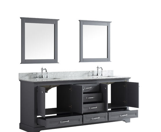 Lexora Dukes 80" - Dark Grey Double Bathroom Vanity (Options: White Carrara Marble / Quartz Top, White Square Sinks and 30" Mirrors w/ Faucets) - Lexora - Ambient Home