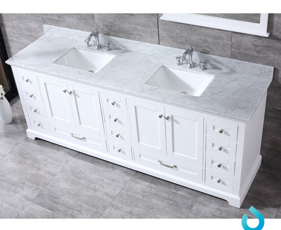 Lexora Dukes 84" - White Double Bathroom Vanity (Options: White Carrara Marble / Quartz Top, White Square Sinks and 34" Mirrors w/ Faucets) - Lexora - Ambient Home