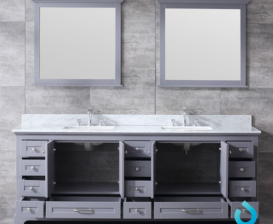 Lexora Dukes 84"-  Dark Grey Double Bathroom Vanity (Options: White Carrara Marble / Quartz Top, White Square Sinks and 34" Mirrors w/ Faucets) - Lexora - Ambient Home