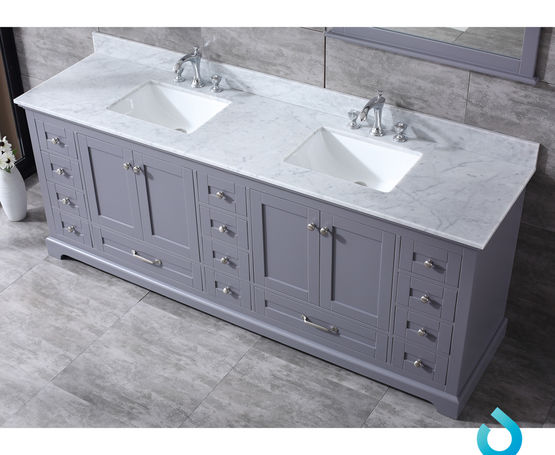 Lexora Dukes 84"-  Dark Grey Double Bathroom Vanity (Options: White Carrara Marble / Quartz Top, White Square Sinks and 34" Mirrors w/ Faucets) - Lexora - Ambient Home