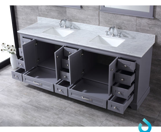 Lexora Dukes 84"-  Dark Grey Double Bathroom Vanity (Options: White Carrara Marble / Quartz Top, White Square Sinks and 34" Mirrors w/ Faucets) - Lexora - Ambient Home