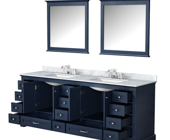Lexora Dukes 84" - Navy Blue Double Bathroom Vanity (Options: White Carrara Marble / Quartz Top, White Square Sinks and 34" Mirrors w/ Faucets) - Lexora - Ambient Home