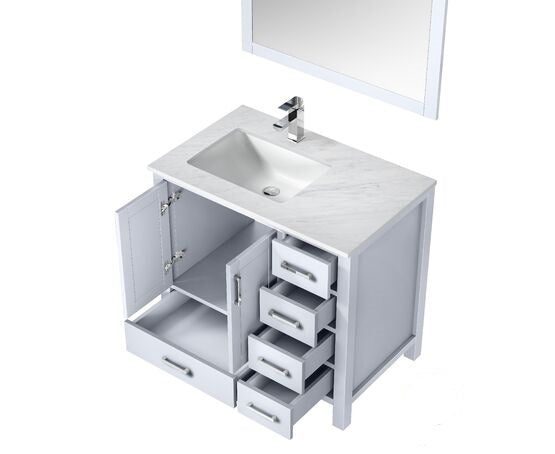 Lexora Jacques 36" - White Single Bathroom Vanity (Options: White Carrara Marble Top, White Square Sink and 34" Mirror w/ Faucet - Left Version) - Lexora - Ambient Home