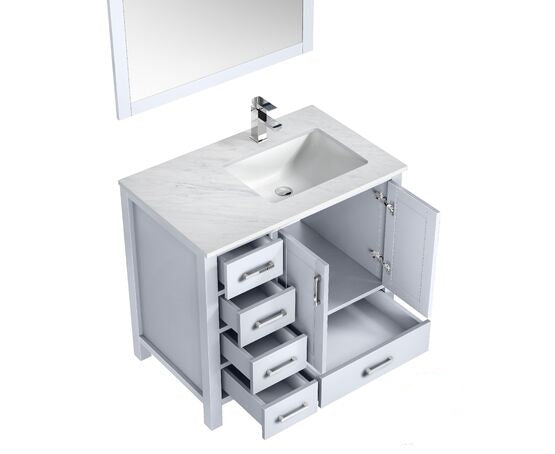 Lexora Jacques 36" - White Single Bathroom Vanity (Options: White Carrara Marble Top, White Square Sink and 34" Mirror w/ Faucet - Right Version) - Lexora - Ambient Home