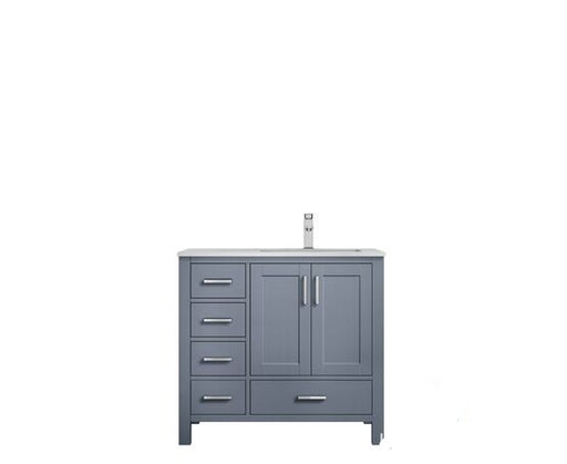 Lexora Jacques 36" - Dark Grey Single Bathroom Vanity (Options: White Carrara Marble Top, White Square Sink and 34" Mirror w/ Faucet - Right Version) - Lexora - Ambient Home