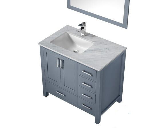 Lexora Jacques 36" - Dark Grey Single Bathroom Vanity (Options: White Carrara Marble Top, White Square Sink and 34" Mirror w/ Faucet - Left Version) - Lexora - Ambient Home