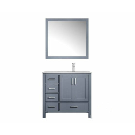 Lexora Jacques 36" - Dark Grey Single Bathroom Vanity (Options: White Carrara Marble Top, White Square Sink and 34" Mirror w/ Faucet - Right Version) - Lexora - Ambient Home