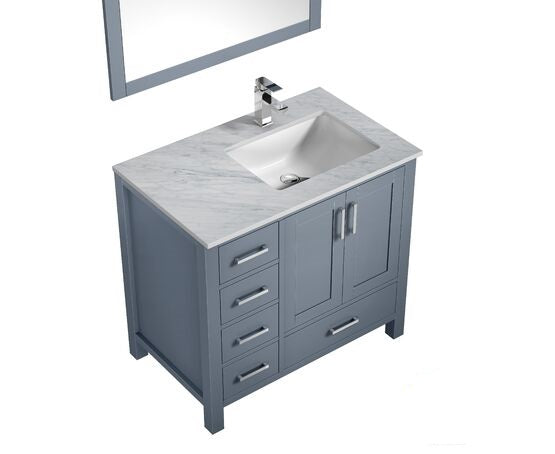Lexora Jacques 36" - Dark Grey Single Bathroom Vanity (Options: White Carrara Marble Top, White Square Sink and 34" Mirror w/ Faucet - Right Version) - Lexora - Ambient Home