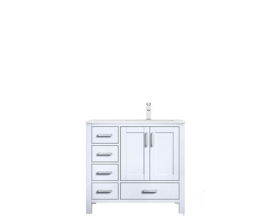 Lexora Jacques 36" - White Single Bathroom Vanity (Options: White Carrara Marble Top, White Square Sink and 34" Mirror w/ Faucet - Right Version) - Lexora - Ambient Home