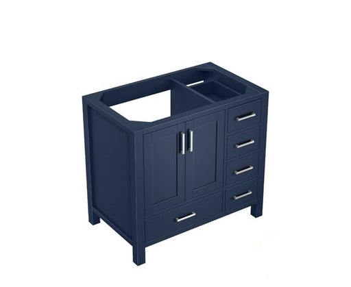 Lexora Jacques 36" - Navy Blue Single Bathroom Vanity (Options: White Carrara Marble Top, White Square Sink and 34" Mirror w/ Faucet - Left Version) - Lexora - Ambient Home