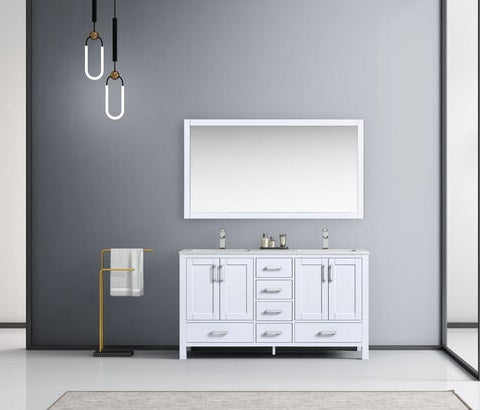 Lexora Jacques 60" - White Double Bathroom Vanity (Options: White Carrara Marble Top, White Square Sinks and 58" Mirror w/ Faucets) - Lexora - Ambient Home