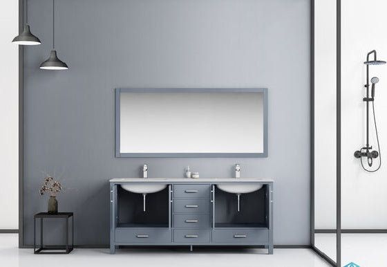 Lexora Jacques 72" - Dark Grey Double Bathroom Vanity (Options: White Carrara Marble Top, White Square Sinks and 70" Mirror w/ Faucets) - Lexora - Ambient Home