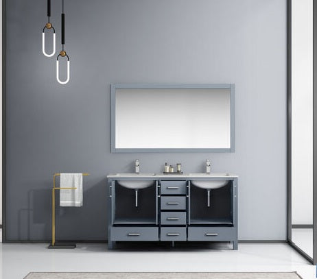 Lexora Jacques 60" - Dark Grey Double Bathroom Vanity (Options: White Carrara Marble Top, White Square Sinks and 58" Mirror w/ Faucets) - Lexora - Ambient Home
