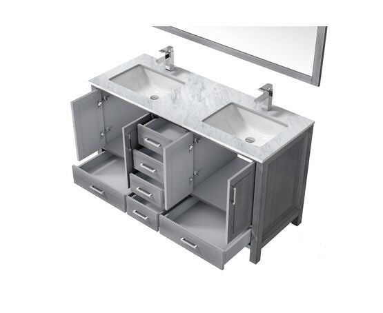 Lexora Jacques 60" - Distressed Grey Double Bathroom Vanity (Options: White Carrara Marble Top, White Square Sinks and 58" Mirror w/ Faucets) - Lexora - Ambient Home