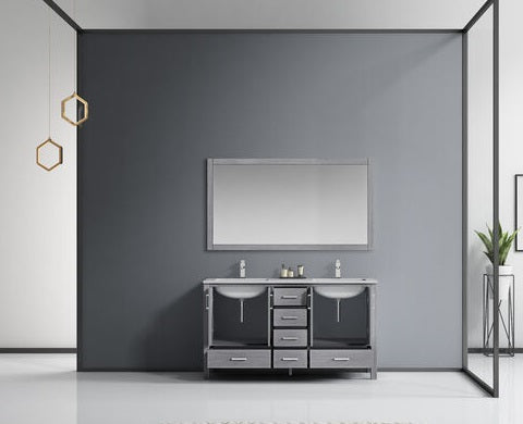 Lexora Jacques 60" - Distressed Grey Double Bathroom Vanity (Options: White Carrara Marble Top, White Square Sinks and 58" Mirror w/ Faucets) - Lexora - Ambient Home