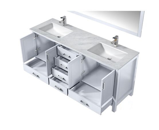 Lexora Jacques 72" - White Double Bathroom Vanity (Options: White Carrara Marble Top, White Square Sinks and 70" Mirror w/ Faucets) - Lexora - Ambient Home