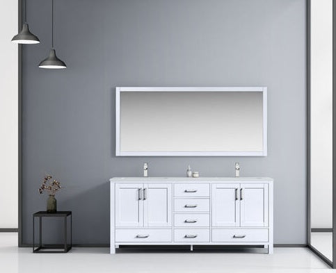 Lexora Jacques 72" - White Double Bathroom Vanity (Options: White Carrara Marble Top, White Square Sinks and 70" Mirror w/ Faucets) - Lexora - Ambient Home