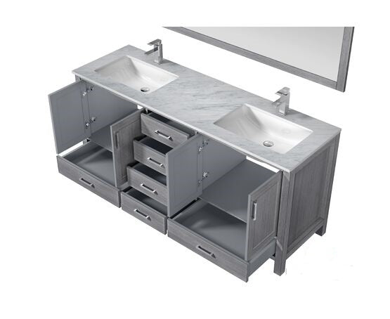 Lexora Jacques 72" - Distressed Grey Double Bathroom Vanity (Options: White Carrara Marble Top, White Square Sinks and 70" Mirror w/ Faucets) - Lexora - Ambient Home