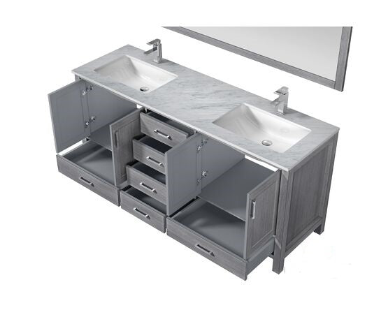 Lexora Jacques 72" - Distressed Grey Double Bathroom Vanity (Options: White Carrara Marble Top, White Square Sinks and 70" Mirror w/ Faucets) - Lexora - Ambient Home