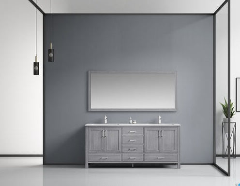 Lexora Jacques 72" - Distressed Grey Double Bathroom Vanity (Options: White Carrara Marble Top, White Square Sinks and 70" Mirror w/ Faucets) - Lexora - Ambient Home