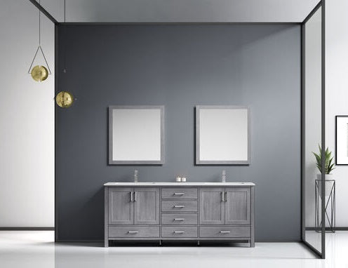 Lexora Jacques 80" - Distressed Grey Double Bathroom Vanity (Options: White Carrara Marble Top, White Square Sinks and 30" Mirrors w/ Faucets) - Lexora - Ambient Home