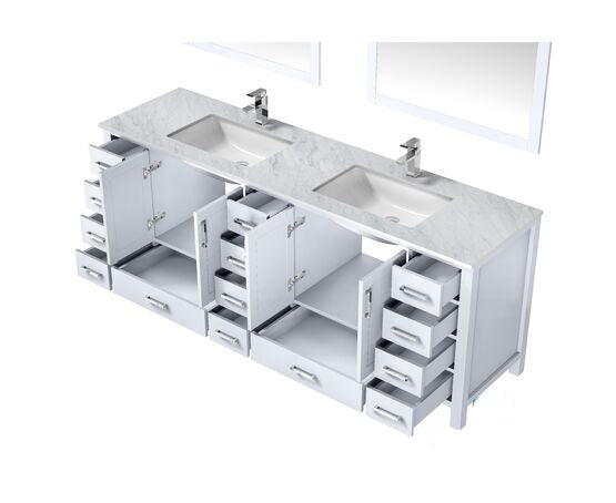 Lexora Jacques 84" - White Double Bathroom Vanity (Options: White Carrara Marble Top, White Square Sinks and 34" Mirrors w/ Faucets) - Lexora - Ambient Home